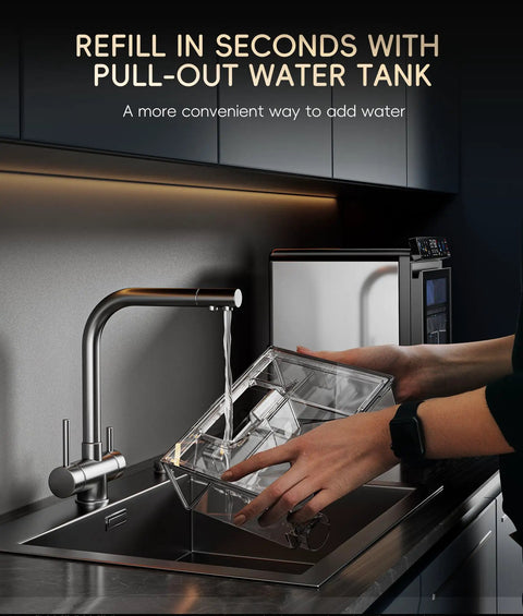 Top Shelf Nugget Ice Maker Countertop Unit Cranks Out 44 Pounds Daily With Seamless App Control And A Sleek Smart Full Color Panel filling pull-out water tank.