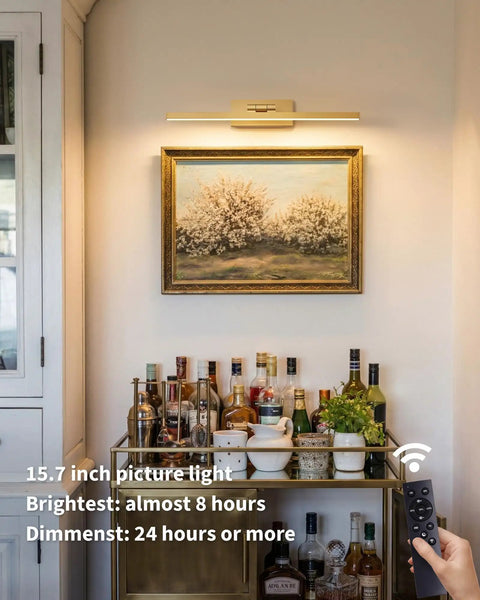 Gold Cordless Picture Lights Set Of Two Rechargeable Wall Mount Art Lamp features smooth brightness control above a framed painting.