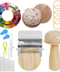 All In One Darning Kit For Quick Mends Mushroom Patch Loom Set With 14 Hooks 16 Large Eye Needles 100 Color Threads Crochet Hook Elastic Bands Pin Cushion DIY Weaving And Repair Tool For Beginners displayed with colorful threads, wooden loom, elastic bands, and various tools.