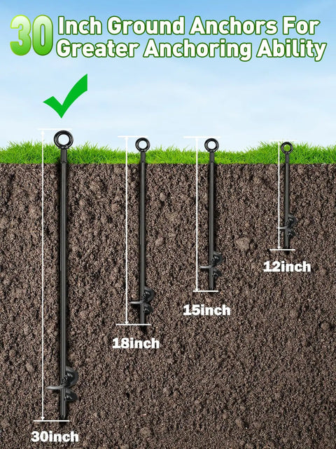 Beefy Heavy Duty Ground Anchors Kit 4 Pack 30 Inch Anchors With Fifty Foot Three Sixteenth Inch Galvanized Cable for deep anchoring