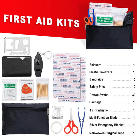 First aid kit components, including bandages, scissors, and safety pins, from Grab And Go Car Roadside Emergency Kit With Jumper Cables Tow Rope Folding Shovel Safety Hammer Reflective Warning Triangle And Essential Tools For Any Driver Ready For Breakdowns And Roadside Situations For Men Women And Teens.