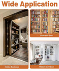 Hidden Pivot Hinge Kit For Secret Bookcase Doors With Smooth 360 Degree Rotation Heavy Duty Hardware Supports Up To 330 Lb Two Pack Black Stainless Steel, installed on hidden bookcase and shelf doors.
