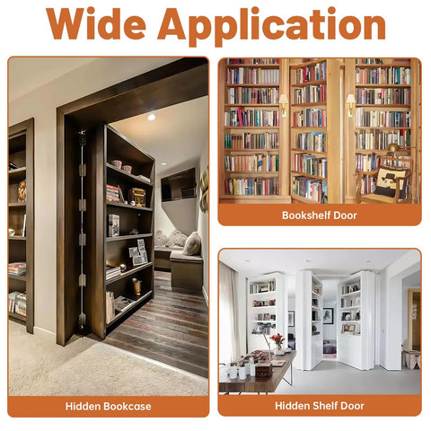 Hidden Pivot Hinge Kit For Secret Bookcase Doors With Smooth 360 Degree Rotation Heavy Duty Hardware Supports Up To 330 Lb Two Pack Black Stainless Steel, installed on hidden bookcase and shelf doors.