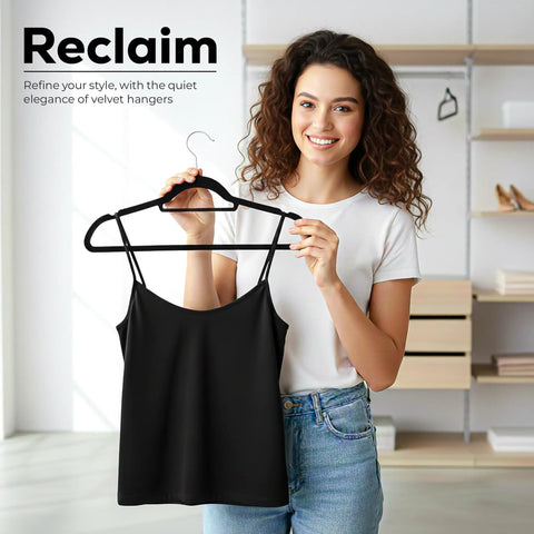 Woman holding Velvet Hangers 20 Pack Non Slip Next Level With Tie Bar Black Slim Hangers 360 Degree Rotating Hook Heavy Duty Coat Hangers