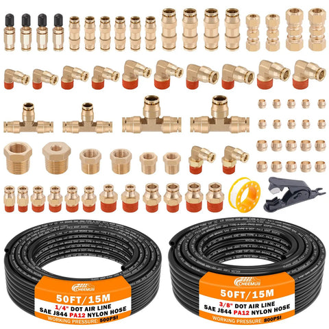 Brass Dot Air Line Fittings Kit With Fifty Foot One Quarter Inch And Fifty Foot Three Eighth Inch Lines Push Lock Quick Connect And Npt Thread
