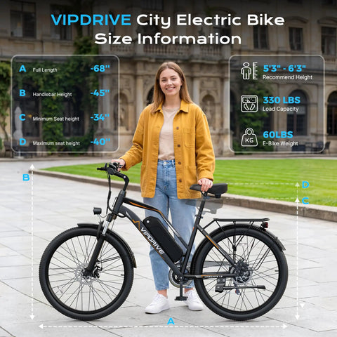 Woman standing beside Powerful 1000W Peak Electric Bike For Adults With 20 MPH Top Speed, city size information overlayed.