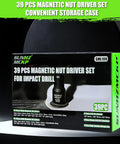 Product packaging of 39 pcs Magnetic Nut Driver Set for impact drill, featuring storage case, on display.