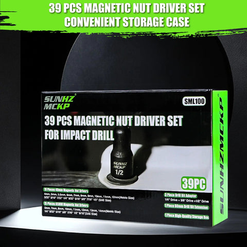 Product packaging of 39 pcs Magnetic Nut Driver Set for impact drill, featuring storage case, on display.