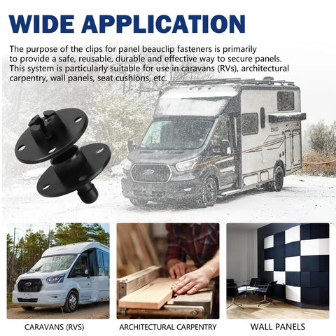Heavy Duty Panel Mounting Clips And Upholstery Fasteners With Rock Solid Grip Holding Up To Fifteen Pounds Each Thirty Set Nylon Push Pins For Trim And Dash Fix Keep Your Fitments Locked Tight in applications for RVs and wall panels.