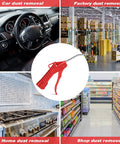 Air Nozzle Blower Gun With Pistol Grip 8 Pack shown in multiple cleaning scenarios including car, factory, home kitchen, and retail aisle.