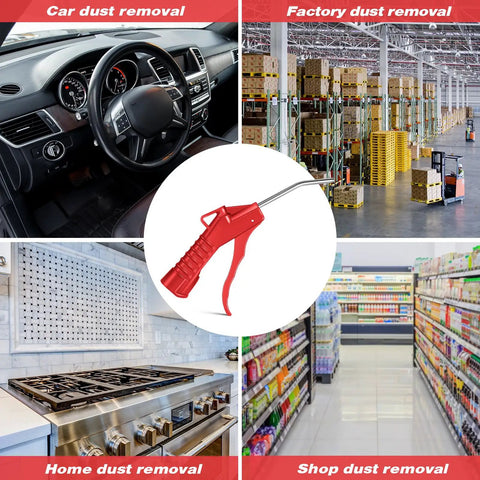Air Nozzle Blower Gun With Pistol Grip 8 Pack shown in multiple cleaning scenarios including car, factory, home kitchen, and retail aisle.