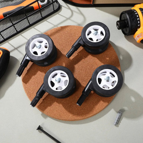 Four Pack White Twin Swivel Caster Kit For Baby Walker Replacement Wheels Runs Slick On Any Floor Premium Built Zero Fuss Easy Swap Stroller Parts, top view on cork base.