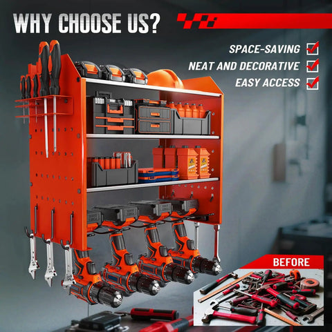 Power Tool Organizer Wall Mount With Charging Station, 4 Tier Garage Gear Storage Rack With Cordless Drill Holders