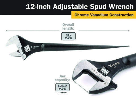 Built Tough Adjustable Construction Spud Wrench 12 Inch For Heavy Duty Fastener Work, 1-1/2 Inch Jaw, Chrome Vanadium Steel