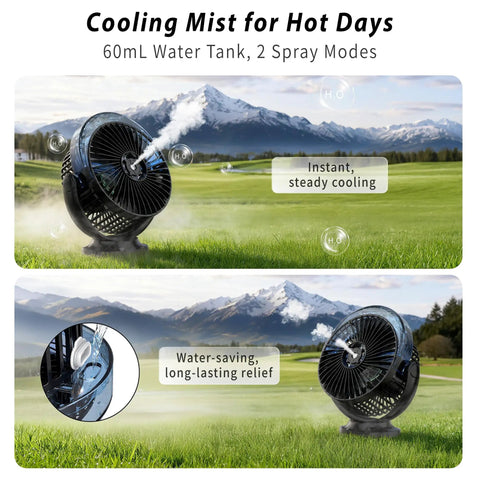 Magnetic Golf Cart Fan With Mist And Light 12000mAh Power Bank in grassy field, showcasing misting feature for outdoor cooling.