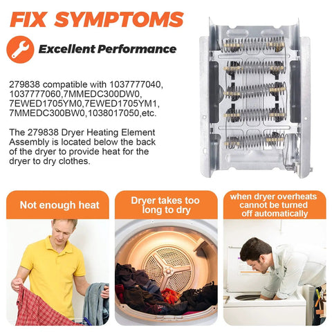 Hot Shot Dryer Heating Element Replacement 279838 for Whirlpool Centennial Kenmore dryers, showcasing easy installation.
