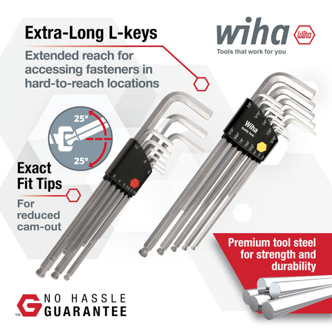 Ball End Hex L Key Set With Extra Long Reach 22 Piece Inch And Metric Chrome Vanadium Steel Black Finish product display