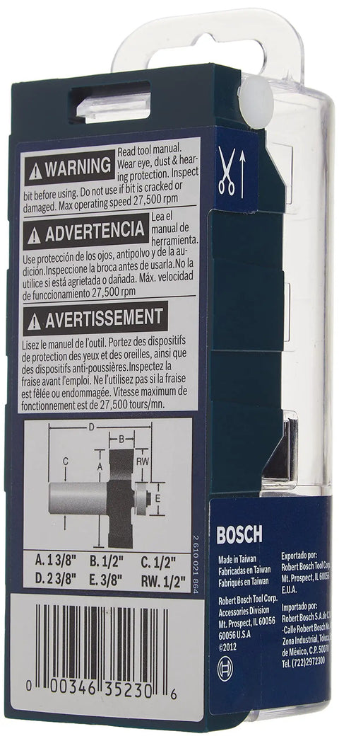Nail Those Clean Cuts Every Single Shot With This One Half Inch Shank Rabbeting Router Bit in packaging with warning details.