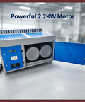 Industrial 220V Dust Collector for Welding Fume Extraction With High Efficiency Multi Stage Filtration Grinding Dust Control Heavy Duty Workshop Cleaner showing powerful 2.2KW motor and filter drums.
