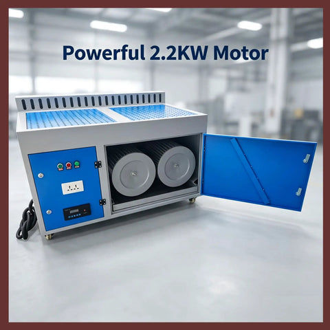 Industrial 220V Dust Collector for Welding Fume Extraction With High Efficiency Multi Stage Filtration Grinding Dust Control Heavy Duty Workshop Cleaner showing powerful 2.2KW motor and filter drums.