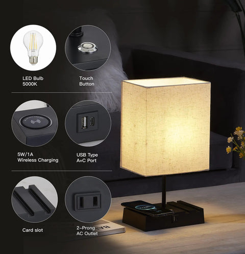 Two Pack Bedside Lamps With Wireless Charging, USB A And USB C Ports, And AC Outlet, showcasing features and setup details