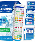 Hella Reliable Heavy Duty Home Drinking Water Test Kit 25 In 1 With 165 Quick Strips Plus Bonus Bacteria Checks displayed with test strips.