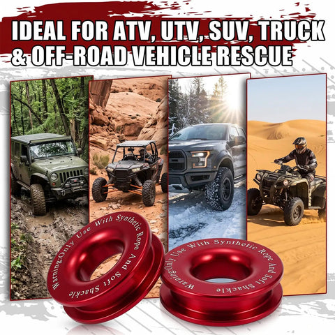 Two Pack Winch Snatch Recovery Ring Set 66,000 Lbs Heavy Duty Towing Ring For Soft Shackles And Synthetic Ropes Beefed Up For Off Road Recovery With ATV UTV SUV Truck Red, red recovery rings for off-road use