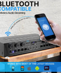 Beefy 600W 6 Channel Home Audio Amplifier for PA and Karaoke on a wooden shelf with wireless phone streaming Bluetooth