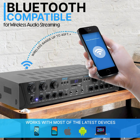 Beefy 600W 6 Channel Home Audio Amplifier for PA and Karaoke on a wooden shelf with wireless phone streaming Bluetooth