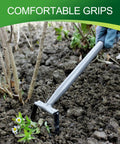 Stirrup Hoe Garden Tool With Hollow Trapezoid Head And 14 Inch Scuffle Loop Weeder in use with ergonomic rubber handle