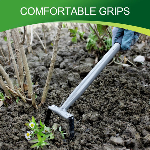 Stirrup Hoe Garden Tool With Hollow Trapezoid Head And 14 Inch Scuffle Loop Weeder in use with ergonomic rubber handle