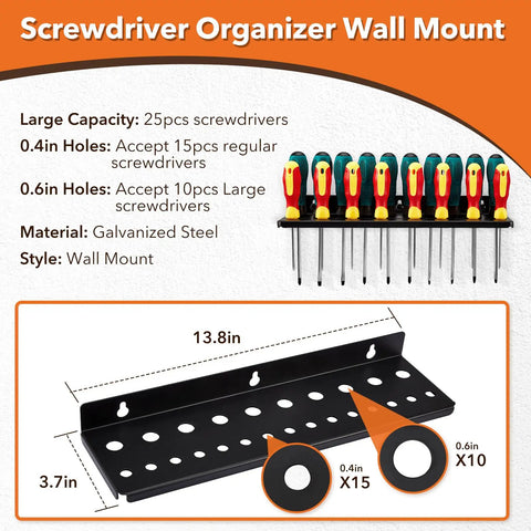 Screwdriver wall mount from 4-Piece Wall Mount Tool Organizer Set with 25 slots, galvanized steel, 13.8in x 3.7in, workshop use