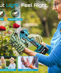 Person using Electric Pruning Shears Cordless 1.8 Inch Cut With Brushless Motor Dual 4Ah Batteries in garden, trimming roses.