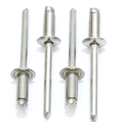 Size Forty Four Button Head Blind Rivets One Eighth Inch Diameter Three Sixteenths To Quarter Inch Grip Range Three Oh Four Stainless Steel Marine Grade Heavy Duty Fasteners Pops Tight Holds Strong For Rugged Outdoor Builds 100 Piece Pack - close-up of four rivets