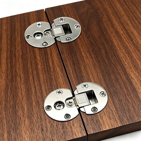 Four Pack Heavy Duty Concealed Hinges Sleek Flush Mount Setup Dead Simple Install For Smooth Ninety Degree Swing Zero Visible Hardware Built Tough With Grade A Zinc Alloy Perfect For Cupboards Desks And Folding Tables Game Changer visible installed on a wooden surface.