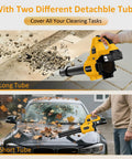 Cordless Leaf Blower With 2 4.0Ah Batteries And Fast Charger, yellow, shown clearing debris and leaves with long and short tubes.
