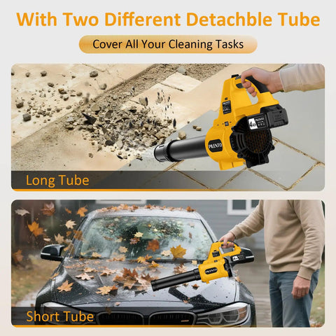 Cordless Leaf Blower With 2 4.0Ah Batteries And Fast Charger, yellow, shown clearing debris and leaves with long and short tubes.