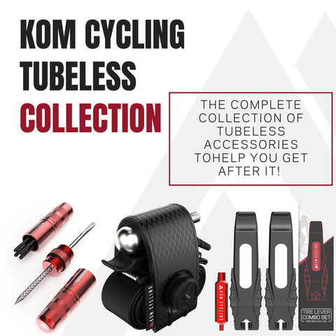 KOM Cycling tubeless accessories with Tubeless Sealant Injector Syringe And Presta Valve Core Removal Tool display