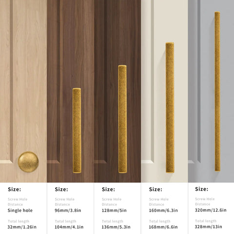 Various sizes of antique brass drawer pulls set, displayed on different wood finishes. Includes 10 pack 1.25 inch cabinet knobs.