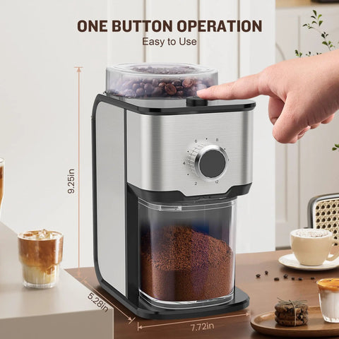 Ayhiro Stainless Steel Flat Burr Coffee Grinder With 14 Precision Settings For Espresso French Press And Drip Coffee Makes 2-12 Cups Electric Bean Mill Kitchen Essential on countertop with freshly ground coffee.
