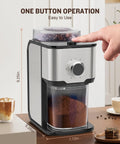 Ayhira Adjustable Electric Burr Coffee Grinder With 14 Precise Settings For Espresso Drip And French Press showing 9.25 inch height and user pressing button.