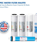 90 GPD Complete Replacement Filter Set For Ultimate Series Reverse Osmosis System, USA Made, 5-stage filtration components displayed