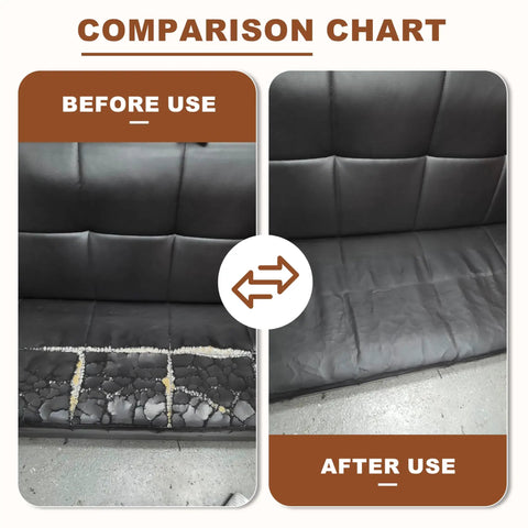 Comparison chart of couch before and after using Leather Repair Tape Self Adhesive Patch Kit 16 By 80 Inches For Furniture Black Litchi Grain.