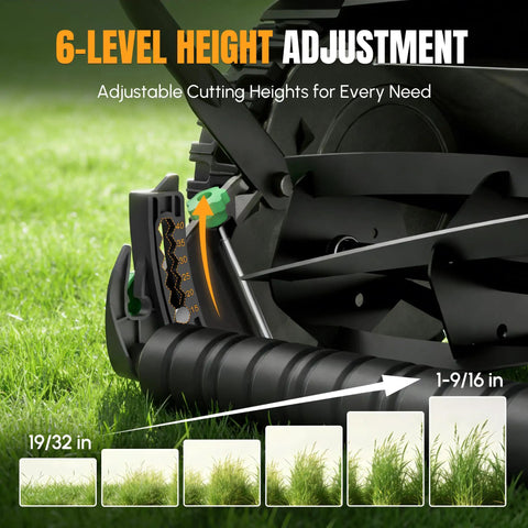 16 Inch Push Reel Lawn Mower With 5 Cutting Blades And Adjustable Height, Removable 8 Gallon Grass Catcher, Easy No Fuss Cut For Yards And Gardens, Clean Level Cut, Durable Black Finish close-up of 6-level height adjustment