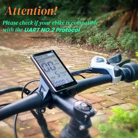 Ebike Display M5 With UART No 2 Protocol mounted on handlebars showing speed and ride data on LCD screen.