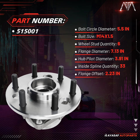 2 Pack Front Wheel Hub Bearing Assembly 6 Lug For Chevy And GMC 4WD 4X4 Fits 1992 To 1994 Blazer K1500 K2500 Suburban And Yukon 1500 Suburban Wheel Hub Bearing Set with specifications including bolt circle diameter, bolt size, and wheel stud quantity shown in image.