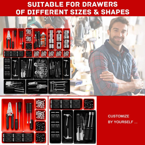 47 Piece Interlocking Tool Tray Organizer Set With Non Slip EVA Pads For Workbench And Rolling Tool Cart Red And Black Trays