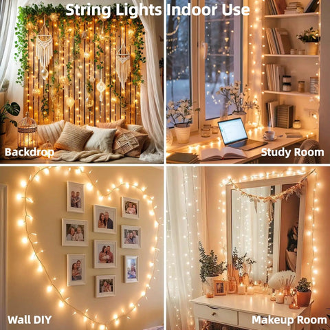 200 LED String Lights 66 Ft Connectable in warm white setup for indoor use including study, makeup room, wall DIY, and backdrop