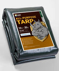 Heavy Duty Green Silver Poly Tarp Cover 10x20 Feet Waterproof 16mil Tarpaulin with product label and rhino graphic