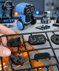 Saltwater Powered Robot Kit for STEM Learning No Batteries Needed DIY Science Toy parts and assembled robot in background